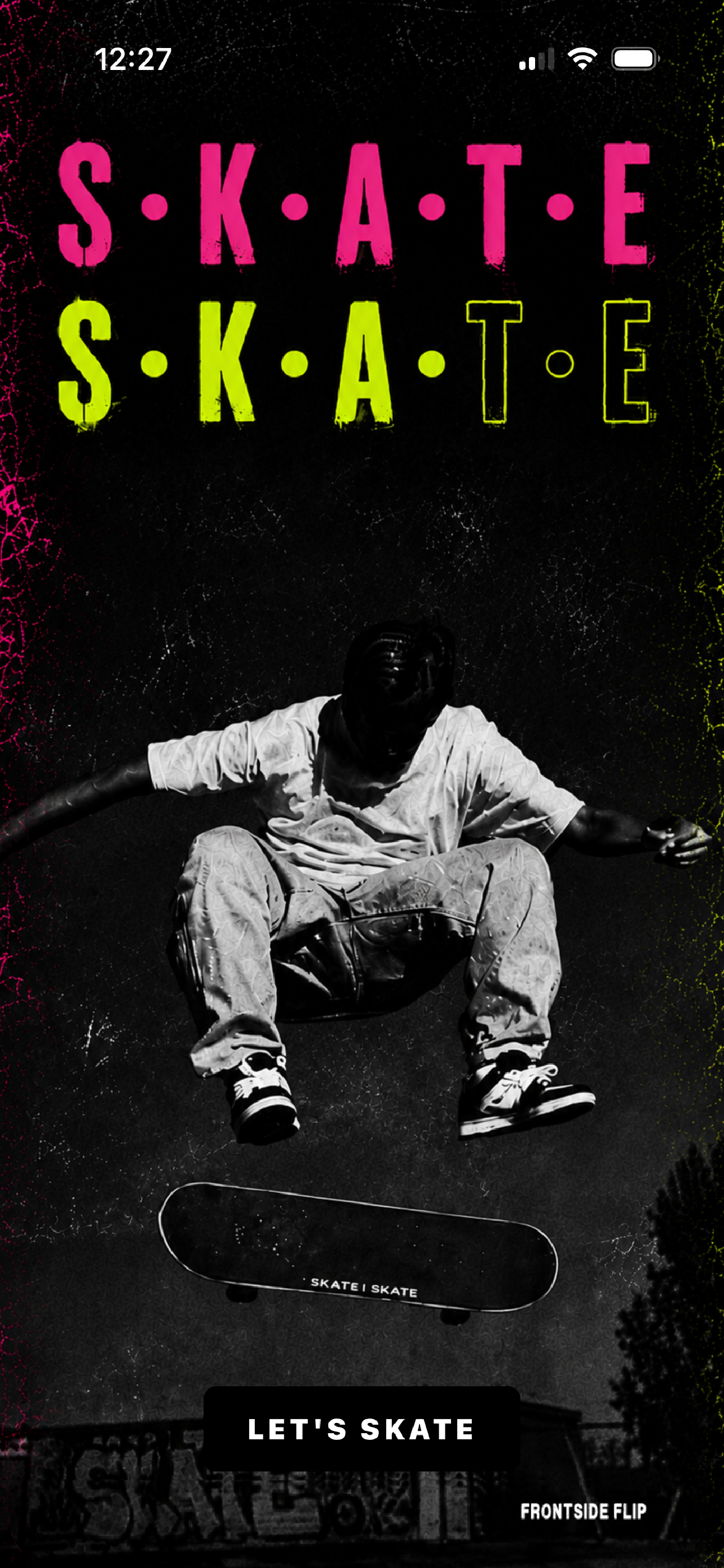 Skate Skate app welcome screen with the Skate Skate wordmark and a skateboarder
